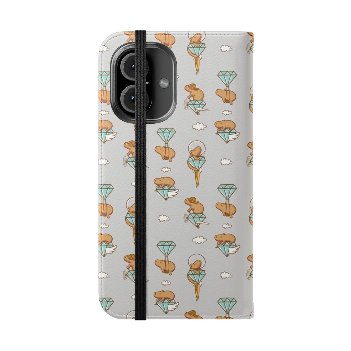 Colorful flip phone case design featuring a cute capybara flying through a sky filled with clouds. - Folded Front