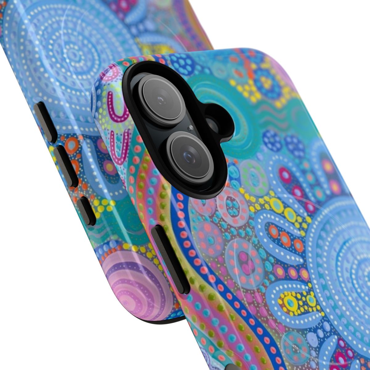 Magnetic phone case featuring an indigenous family gathering design - Detail