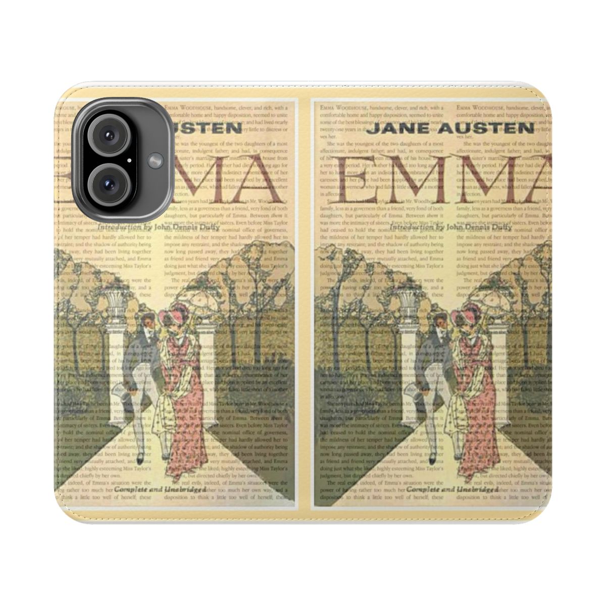 Vintage-style blue book cover phone case inspired by Jane Austen's "Emma"