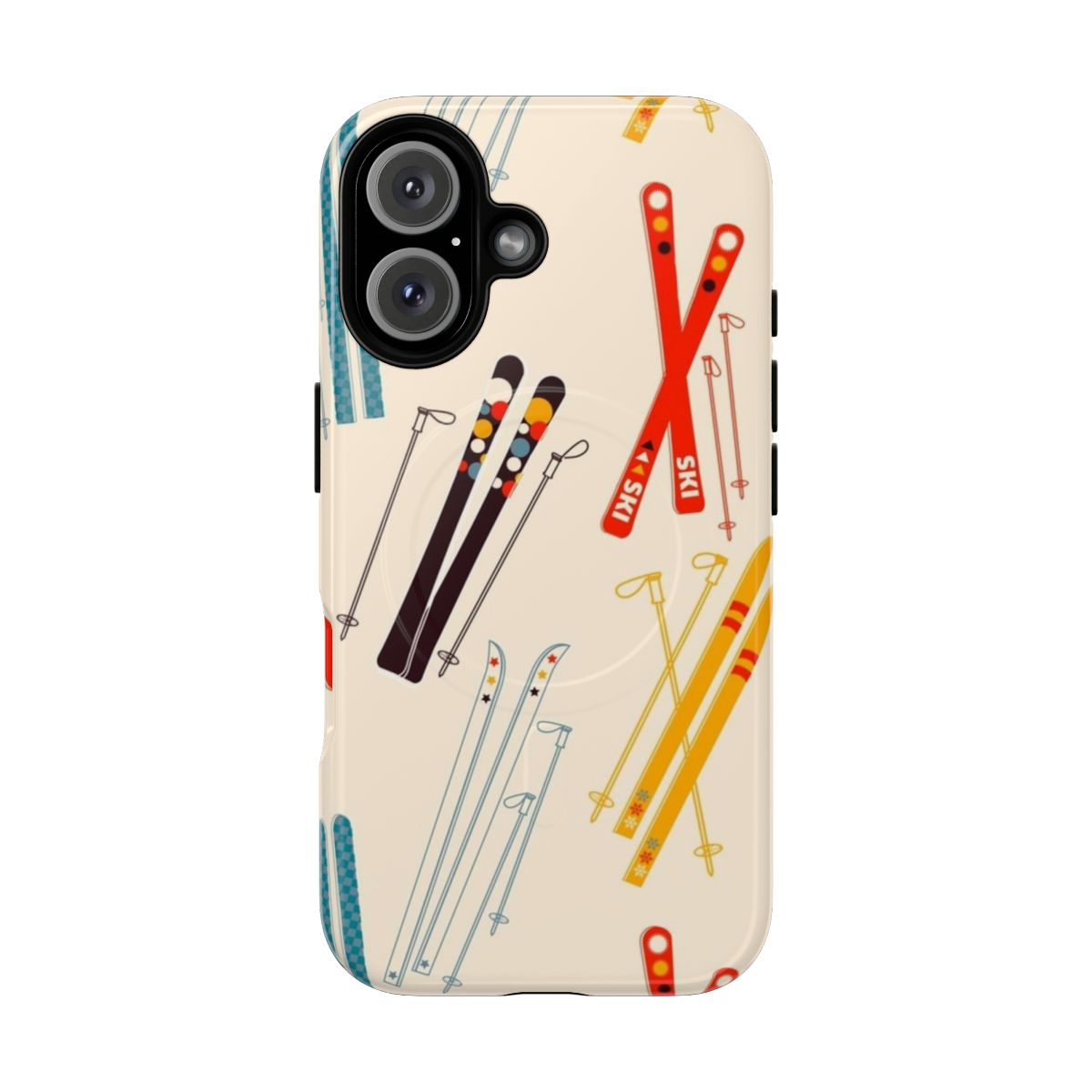 Magnetic tough phone case featuring a colorful skiing pattern design, perfect for winter and mountain adventures.