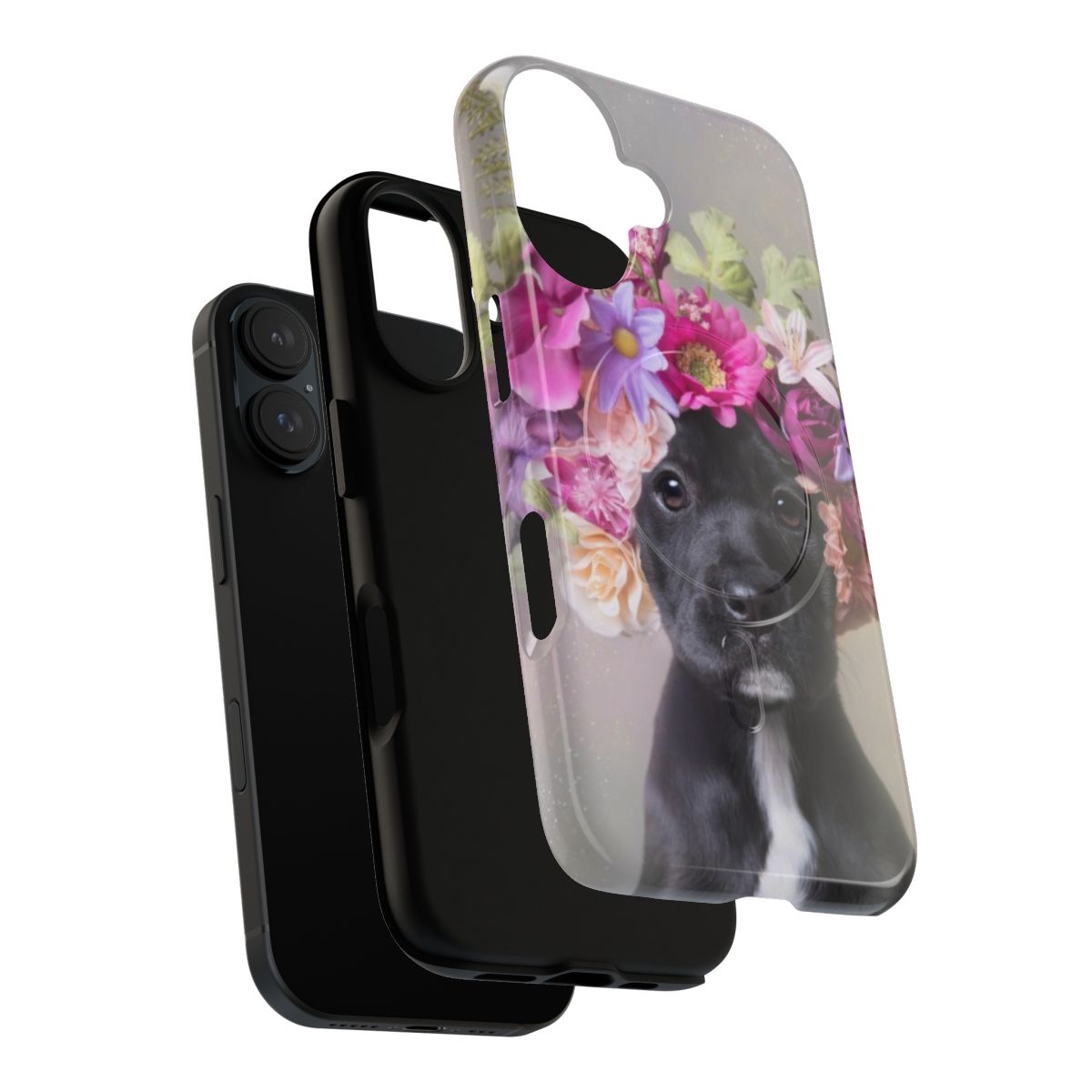 Magnetic tough phone case with floral design, featuring a pitbull in a flower crown. - Layers