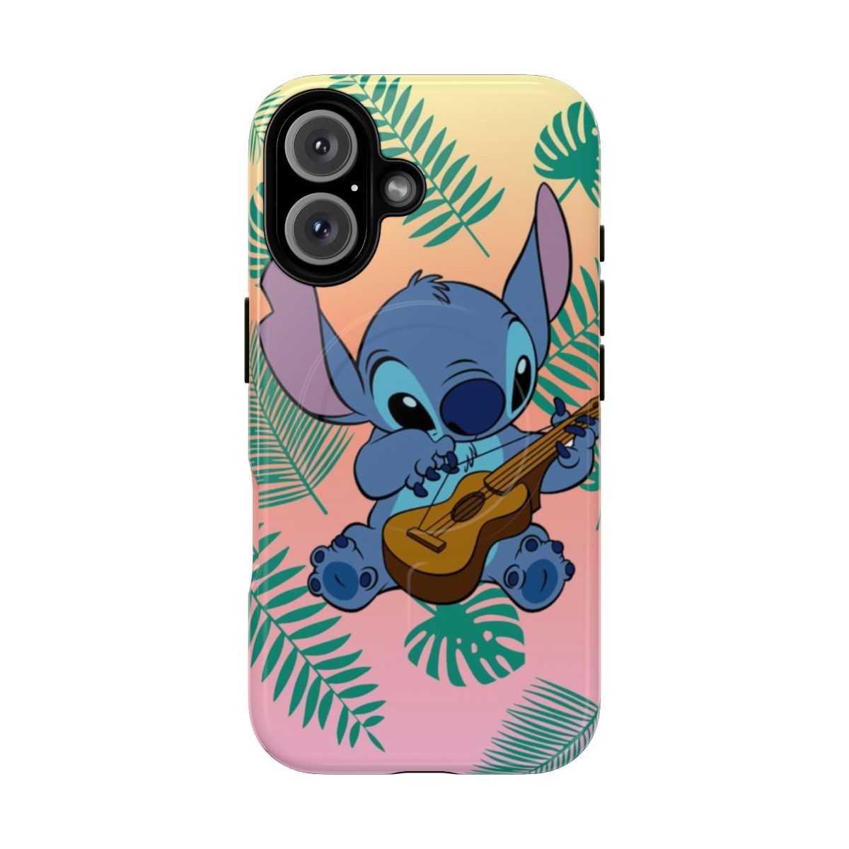 A vibrant, stitch-inspired magnetic phone case featuring exotic tropical leaves on a bright background.