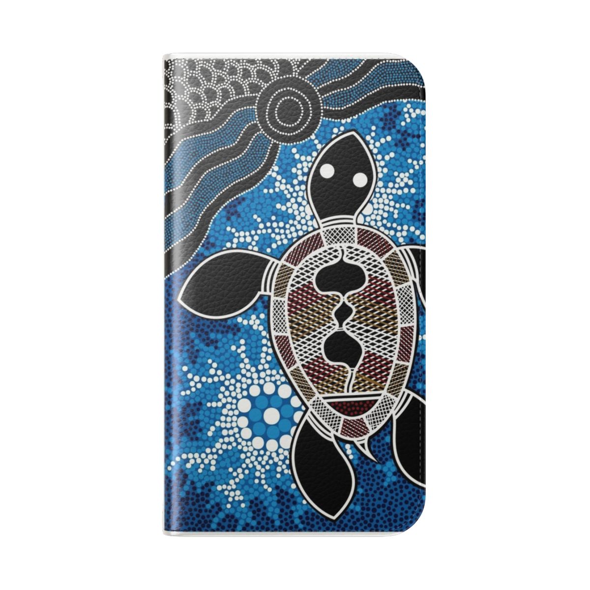 Colorful phone case featuring a vibrant sea turtle design in the style of traditional Aboriginal art. - Folded Back