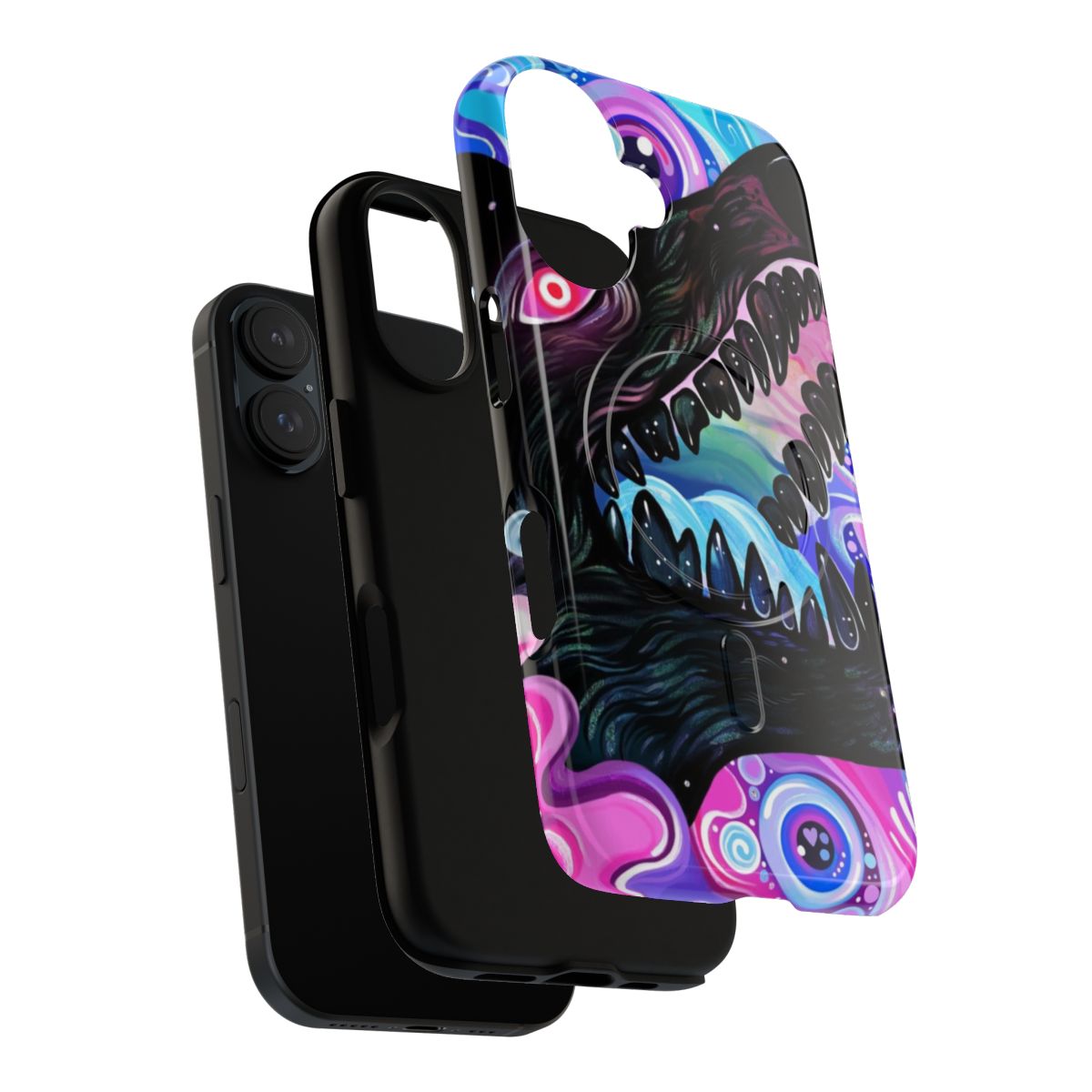 Colorful trippy phone case with a glittery wolf design and psychedelic animal details - Layers