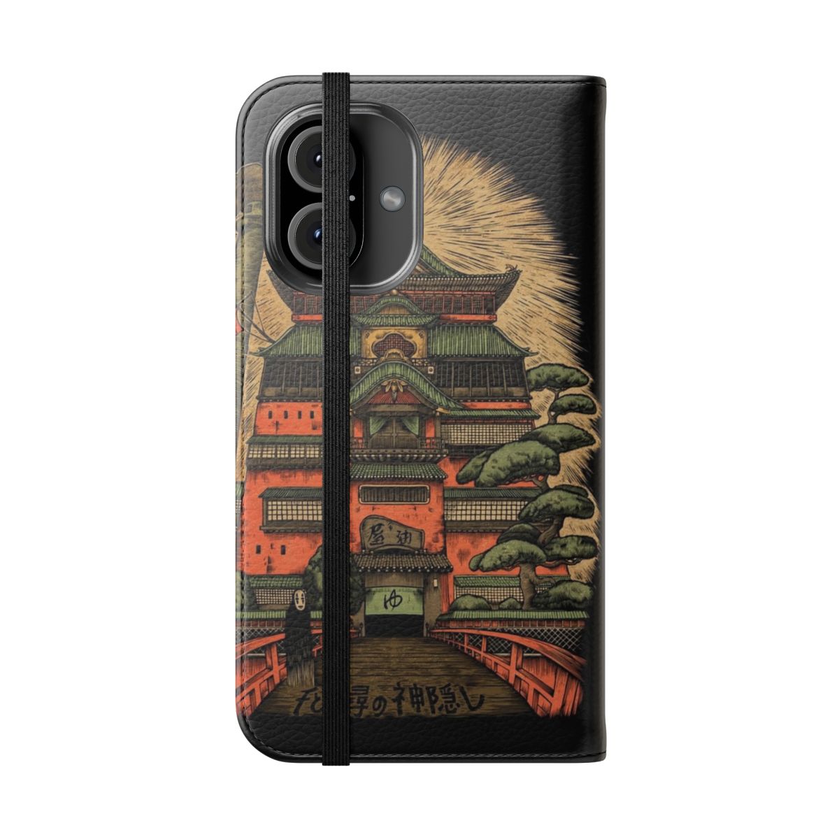 Anime-inspired phone case featuring Chihiro, No Face, and the Yokai Bathhouse from the popular Japanese animation. - Folded Front