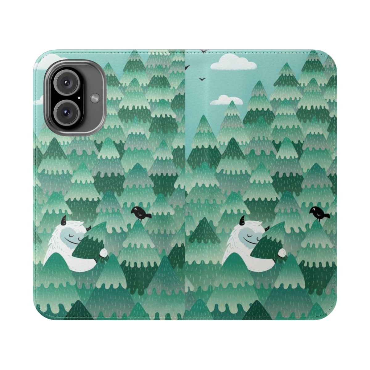 Tree Hugger Flip Cover Phone Case with a monster, yeti, or bigfoot hugging a tree in a forest or woodland setting