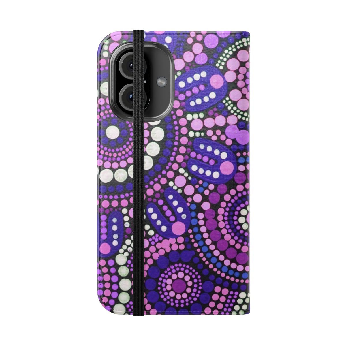 Colorful abstract phone case featuring a purple patterned design inspired by Australian aboriginal art - Folded Front