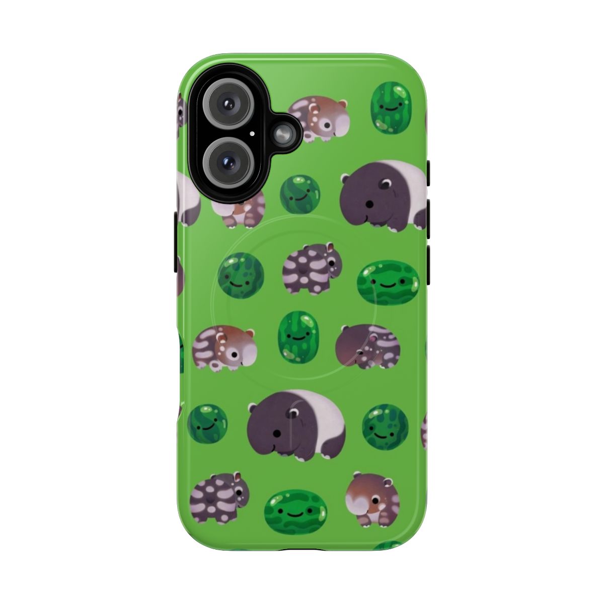 A phone case featuring an illustration of a tapir and watermelons, showcasing a cute and unique design.