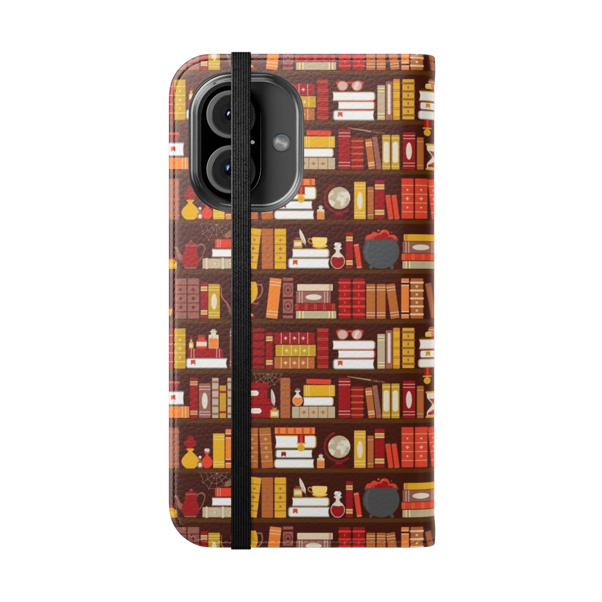 Vibrant red and gold book-themed flip cover phone case - Folded Front