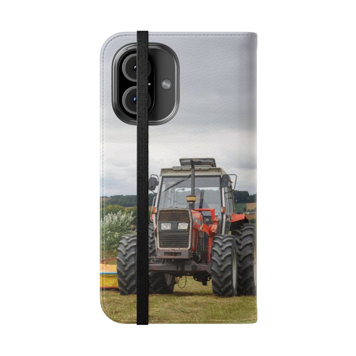 Mowing Flip Cover Phone Case featuring a tractor in a countryside landscape - Folded Front