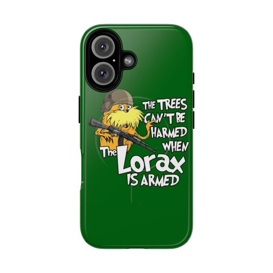 Protective phone case featuring a Dr. Seuss inspired design with the quote "The trees can't be harmed when Lóráx is armed".