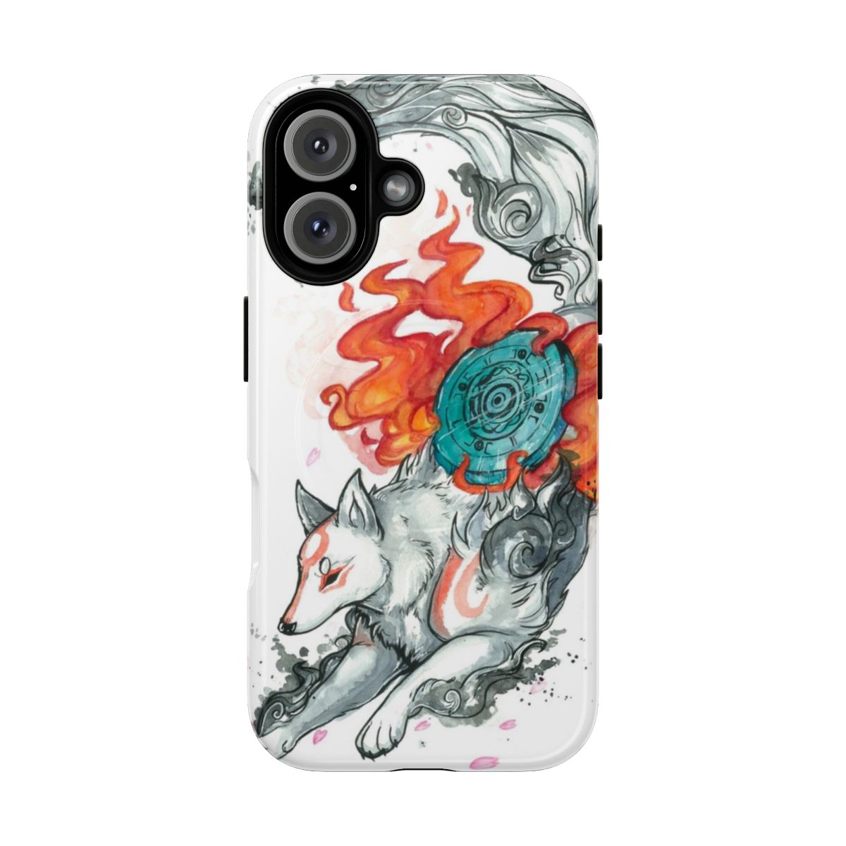 Artistic watercolor phone case featuring the wolf Amaterasu from the Okami video game