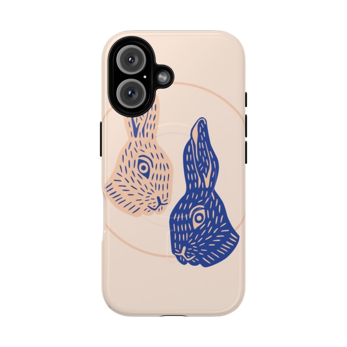 Magnetic tough phone case with a rabbit, lino-cut style nature design