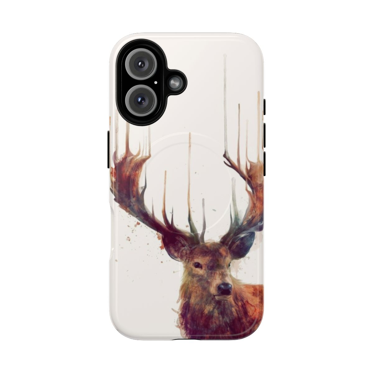 Vibrant and artistic red deer phone case with antlers, water color, and nature-inspired designs