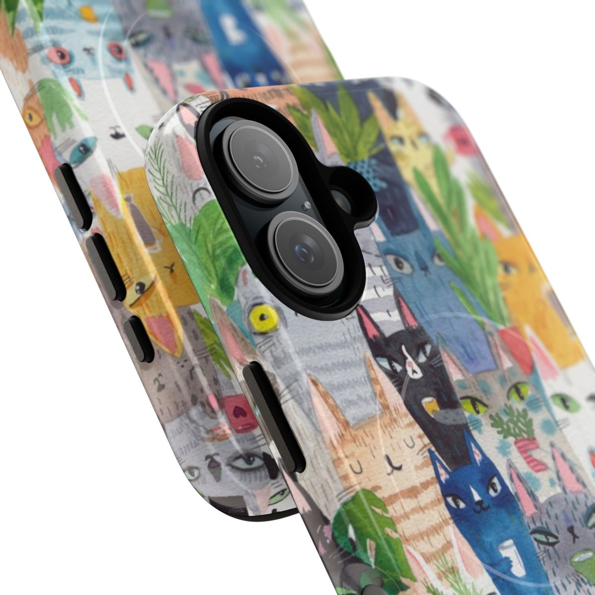 Magnetic tough phone case featuring a vibrant watercolor-style pattern of cats and plants. - Detail