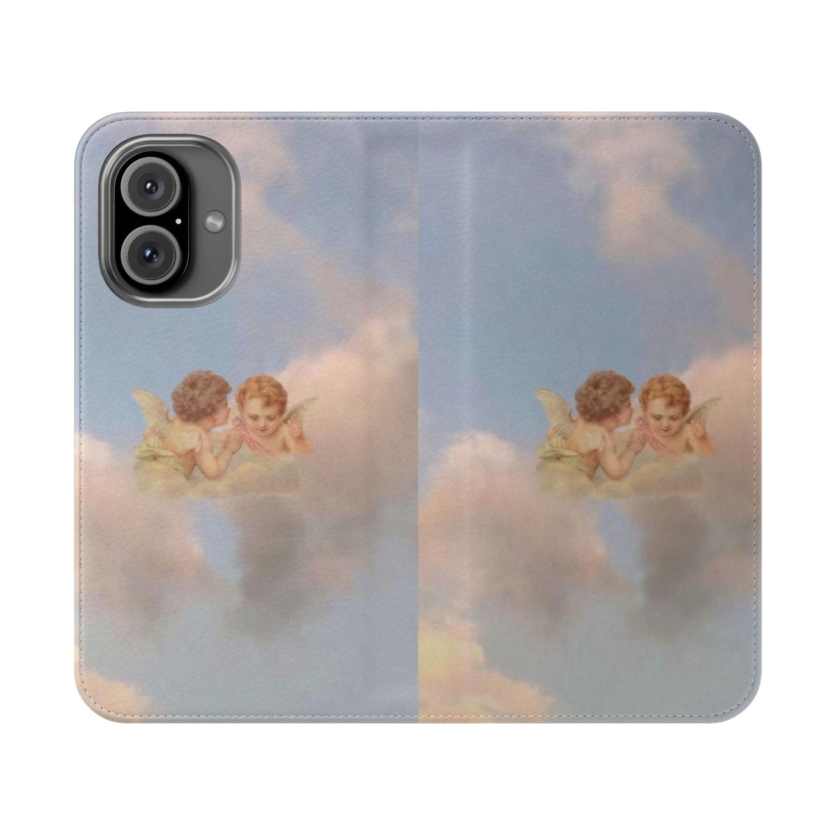 Flip cover phone case featuring a design with renaissance-style cherubs and angels in a sky background.