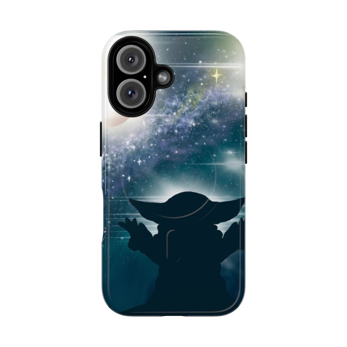 A phone case featuring a silhouetted child gazing up at a starry night sky.