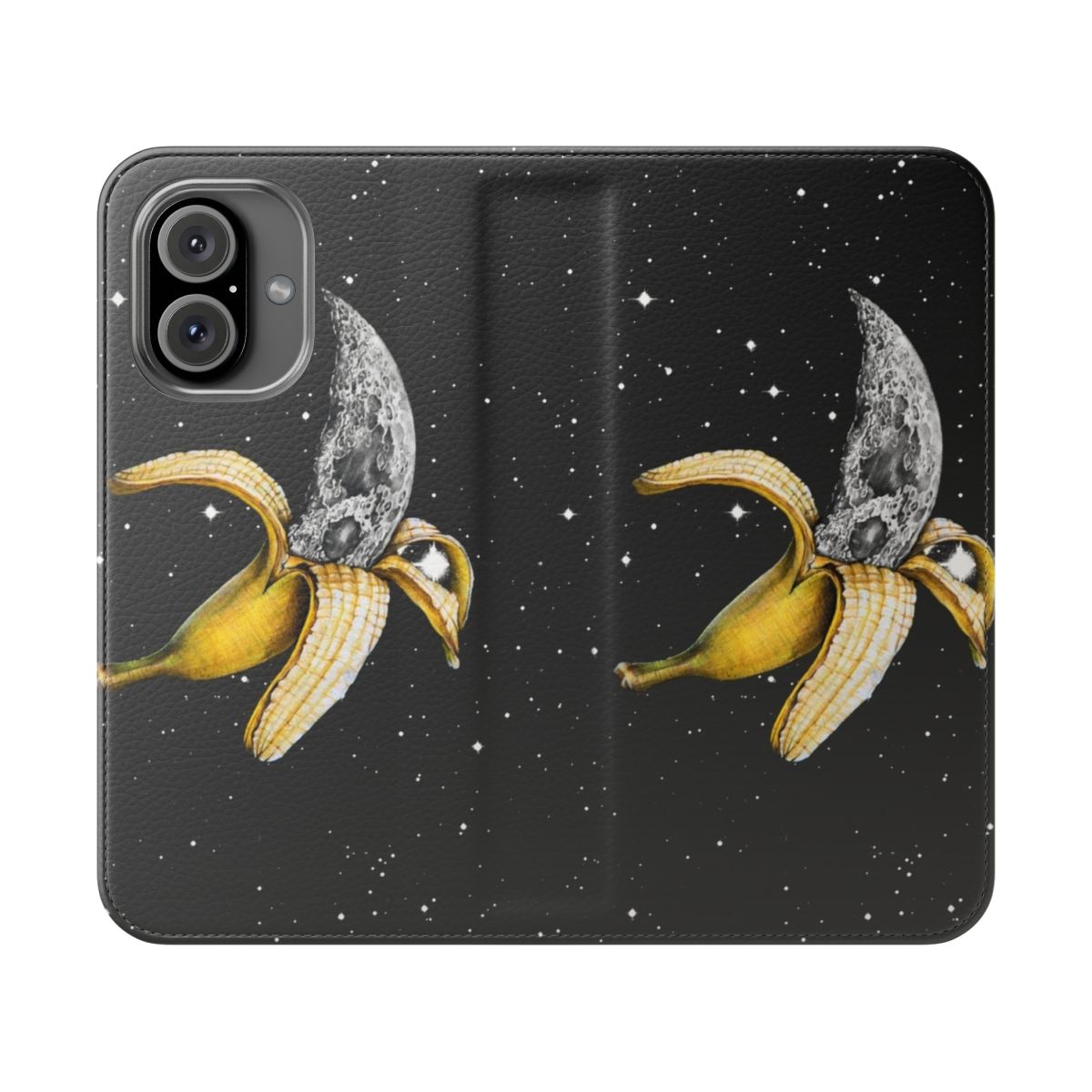 A whimsical phone case featuring a crescent moon and banana in a surreal, abstract space-themed design.