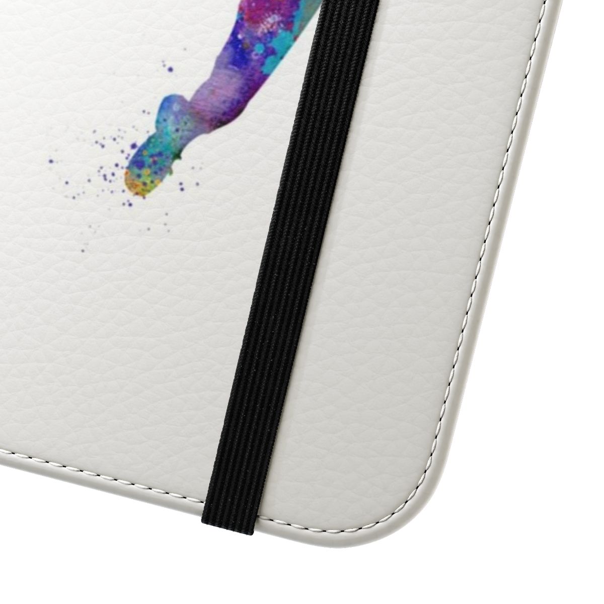 Colorful watercolor silhouette of a handball player on a flip phone case - Close Up