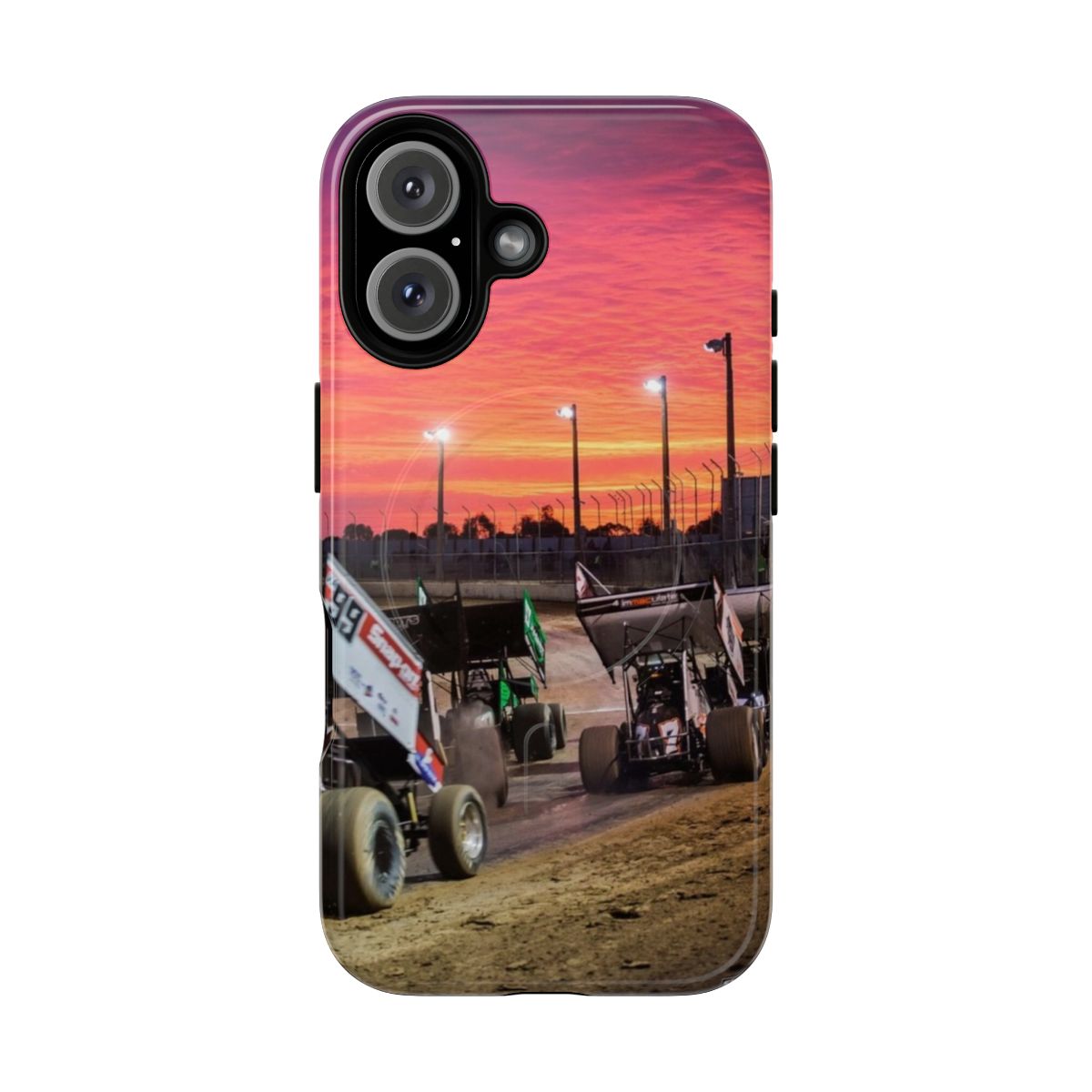 A magnetic tough phone case featuring a vibrant sunset over a speedway track, ideal for motorsports fans.