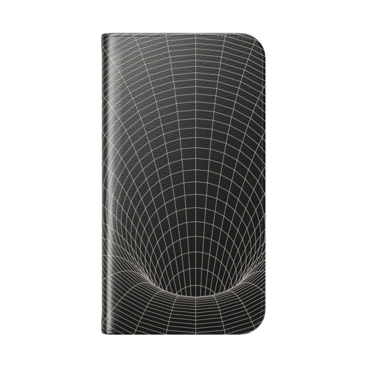 Detailed image of a black hole and event horizon design on a flip cover phone case. - Folded Back