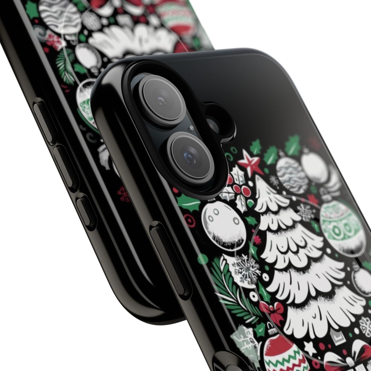 Magnetic phone case featuring a colorful Christmas tree with ornaments design - Detail