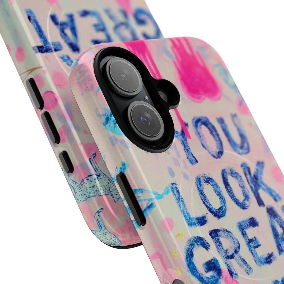 A pink phone case featuring a collage design with hearts and the text "You Look Great" - Detail