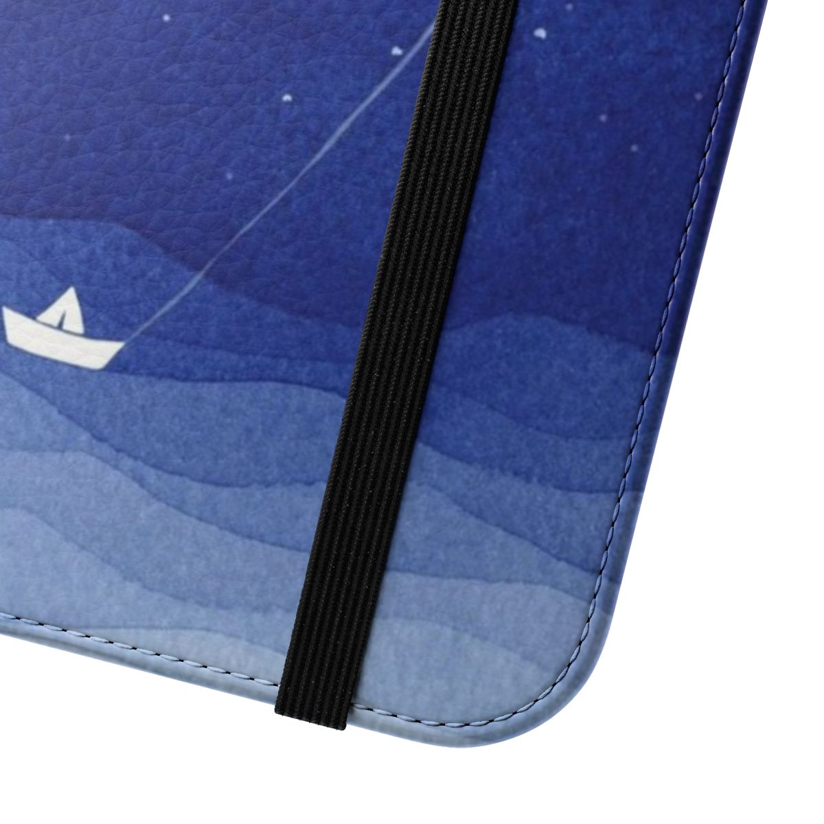 Flip cover phone case featuring a watercolor design of the moon, waves, and a sailboat on the ocean at night. - Close Up