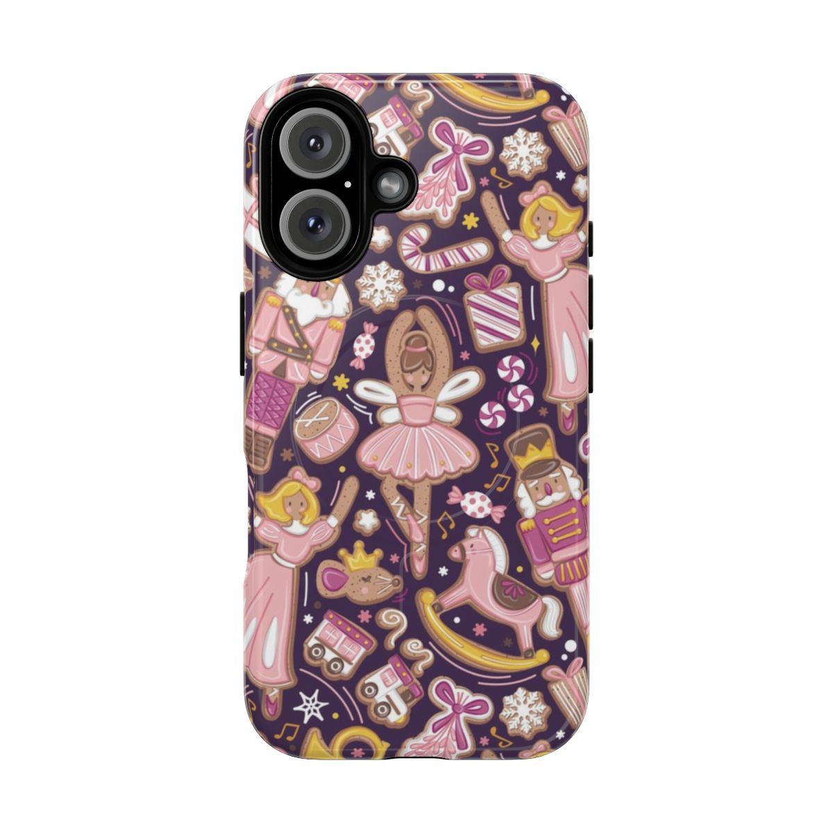 Nutcracker ballet-themed phone case with gingerbread biscuits, pink and peony flowers on a plum background.