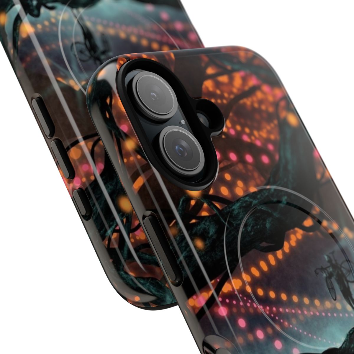 Surreal phone case design featuring a flat tire in a neon forest landscape - Detail