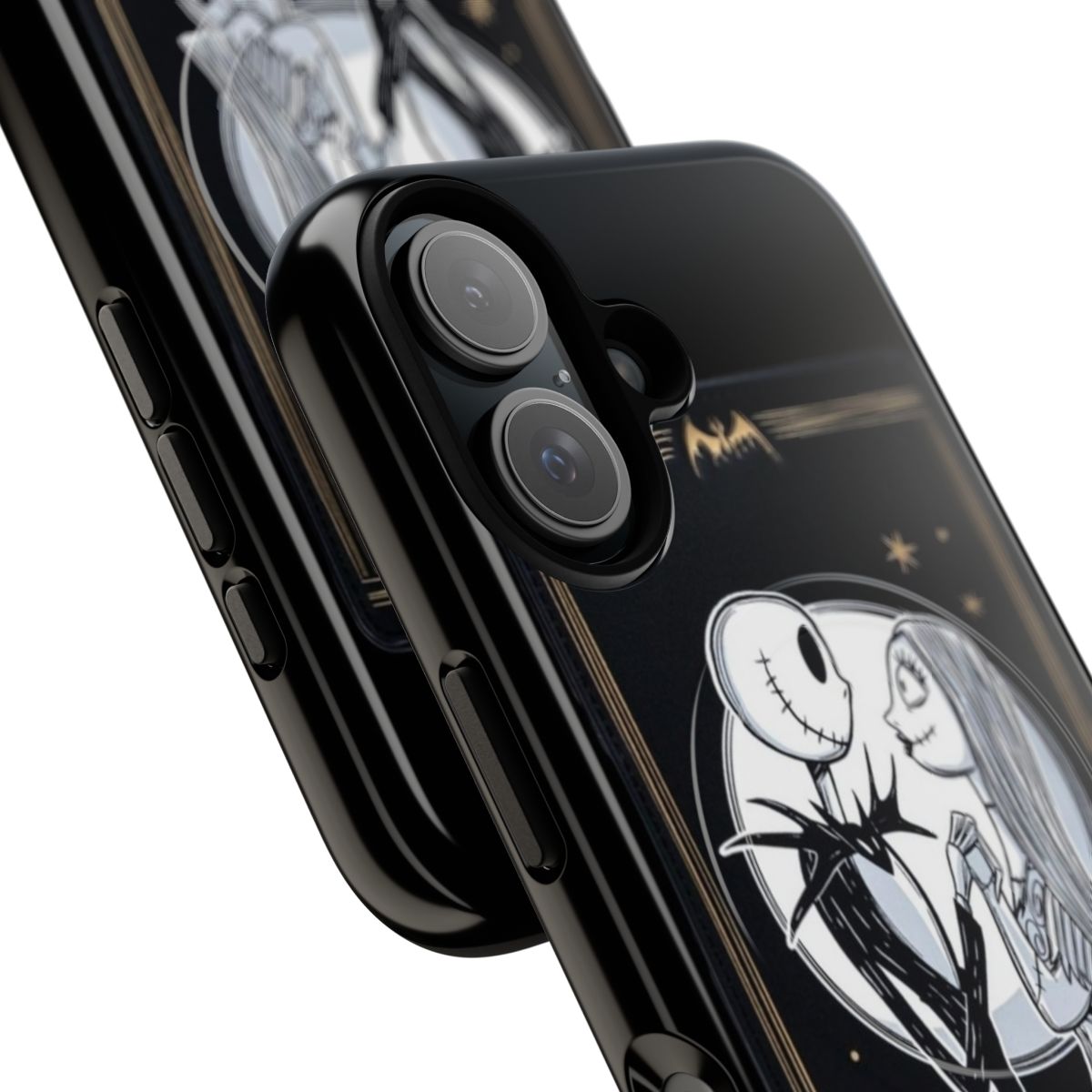 A sleek and durable phone case featuring a design inspired by the classic film "The Nightmare Before Christmas" and the Tarot's "The Lovers" card. - Detail