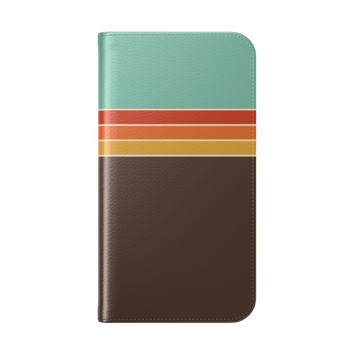 Retro 1970s sporty stripe flip phone case in chocolate, mustard, and pale turquoise colors - Folded Back