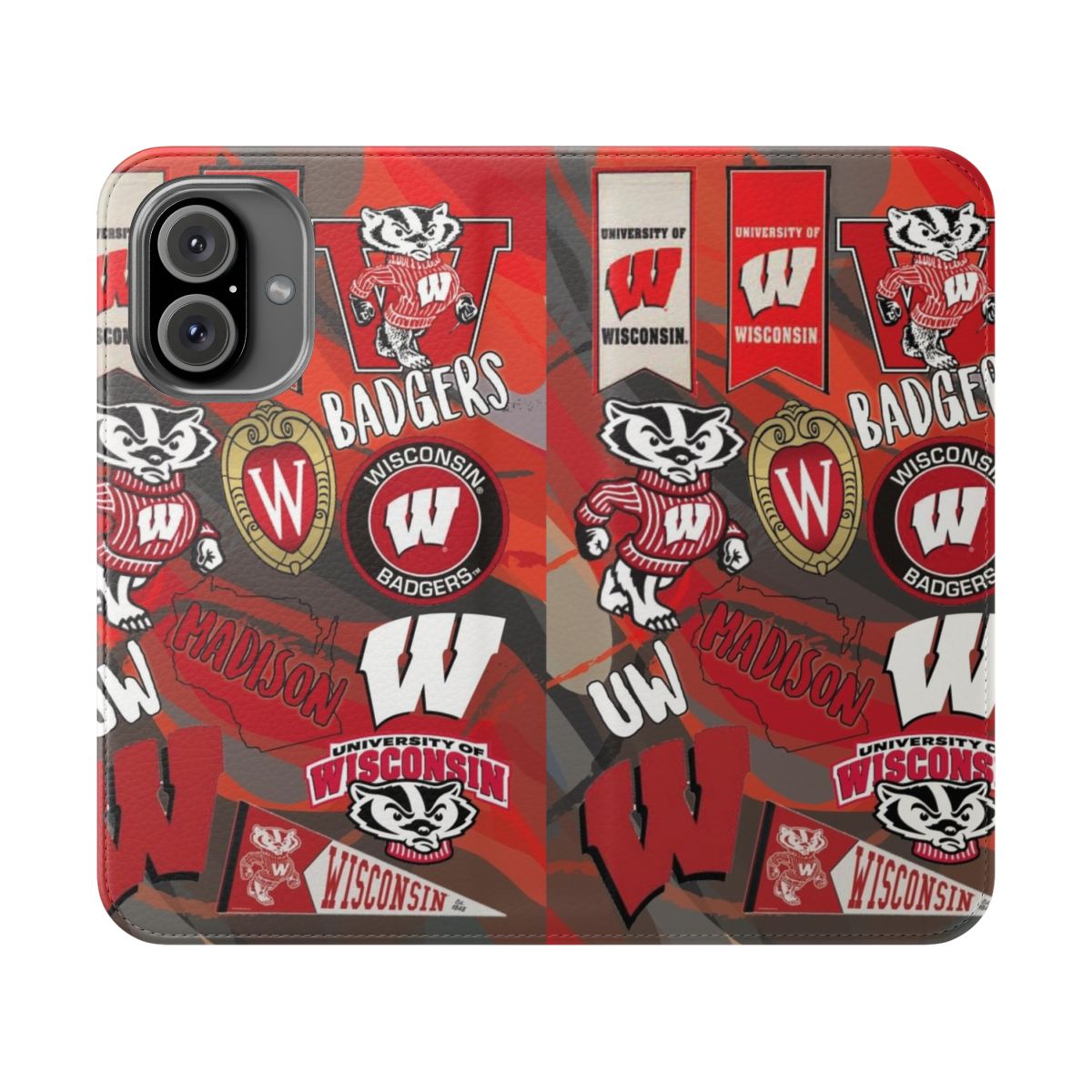 A phone case featuring the University of Wisconsin Madison Badgers logo and colors.