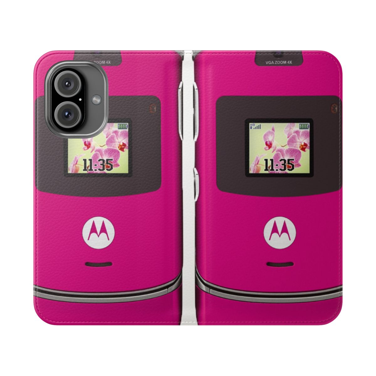 A pink flip cover phone case for the Motorola Razr smartphone, featuring a vintage and nostalgic design.