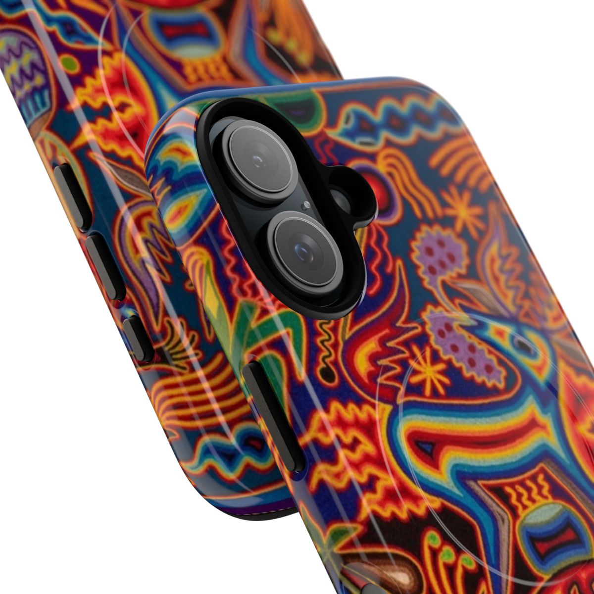 Huichol-inspired vibrant phone case with abstract patterns and colorful designs - Detail