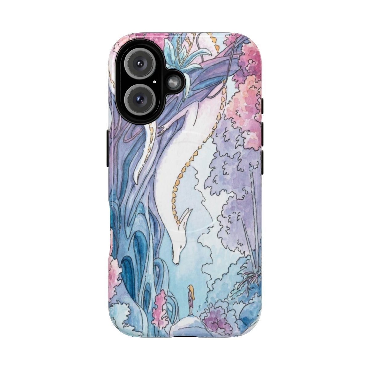 A colorful phone case featuring a fantasy illustration of a fox dragon in a pastel landscape.