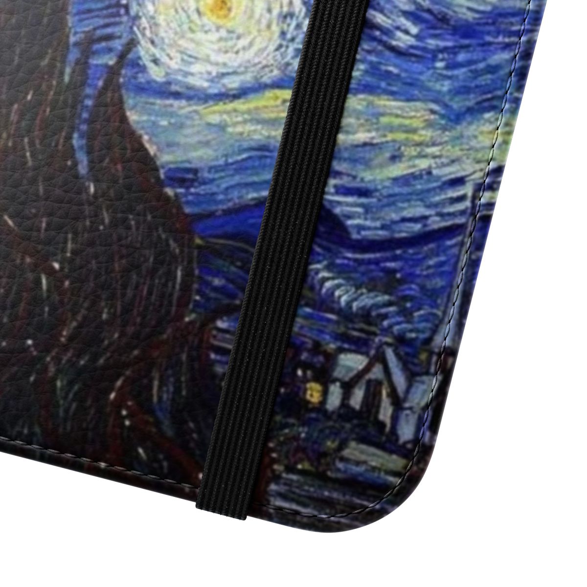 Flip cover phone case featuring a design inspired by Van Gogh's "The Starry Night" painting. - Close Up