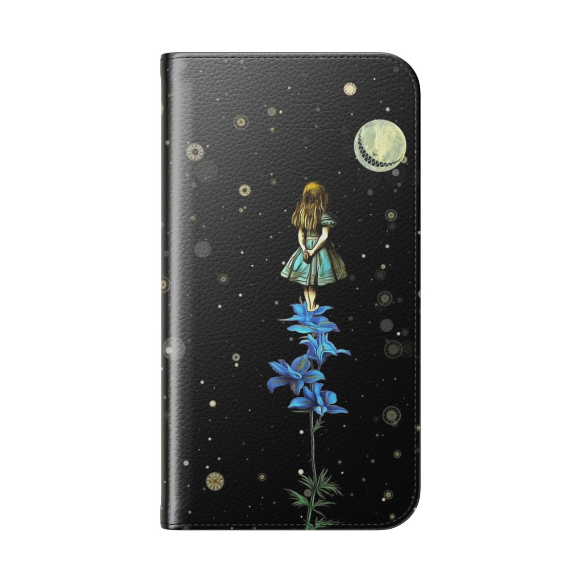 Flip cover phone case featuring a starry night scene inspired by Alice in Wonderland - Folded Back