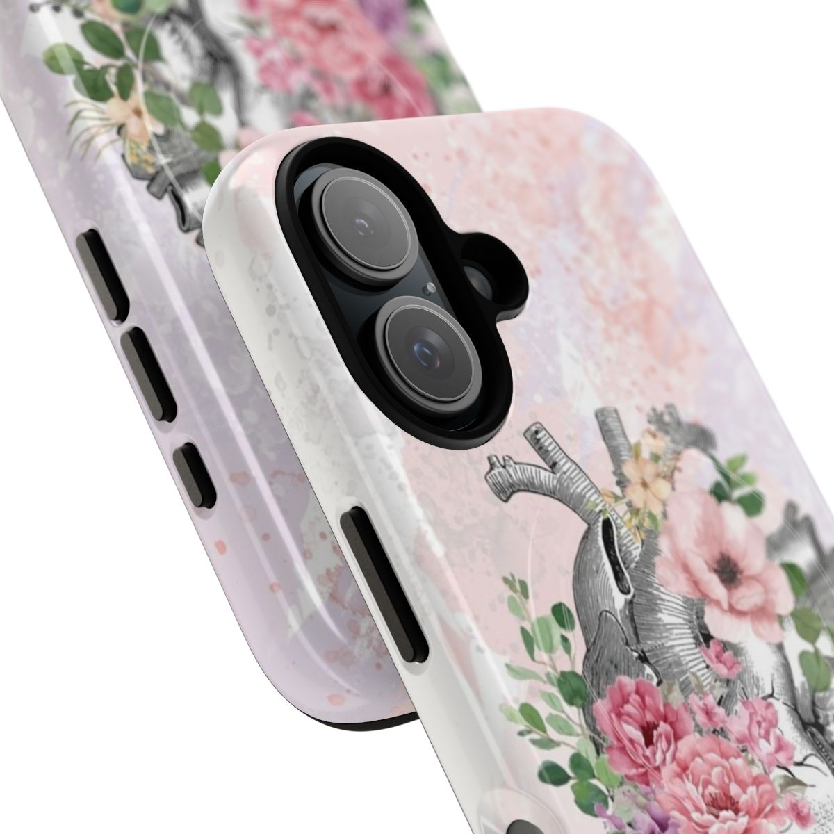 Magnetic tough phone case featuring a floral heart design with pink roses and human anatomy elements - Detail