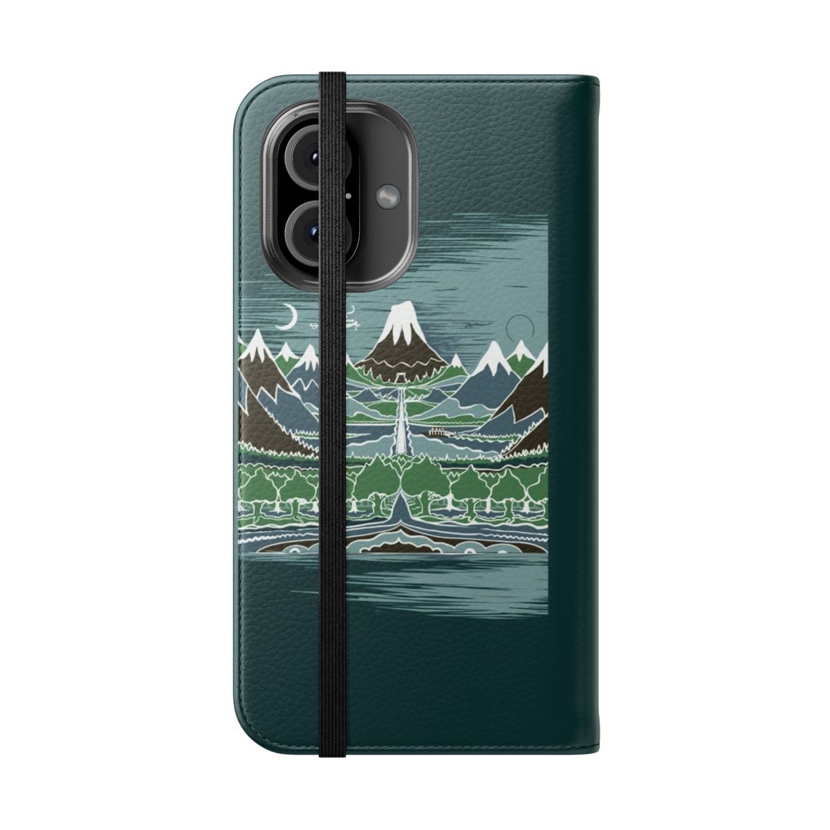 Fantasy flip cover phone case with Lord of the Rings inspired artwork featuring a halfling's journey on a mountain path through an elven wood. - Folded Front