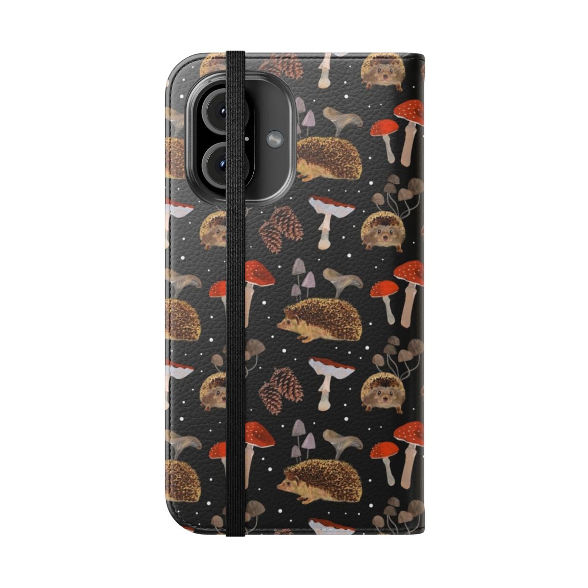 Vibrant watercolor illustration of hedgehogs and mushrooms on an autumn-themed phone case - Folded Front