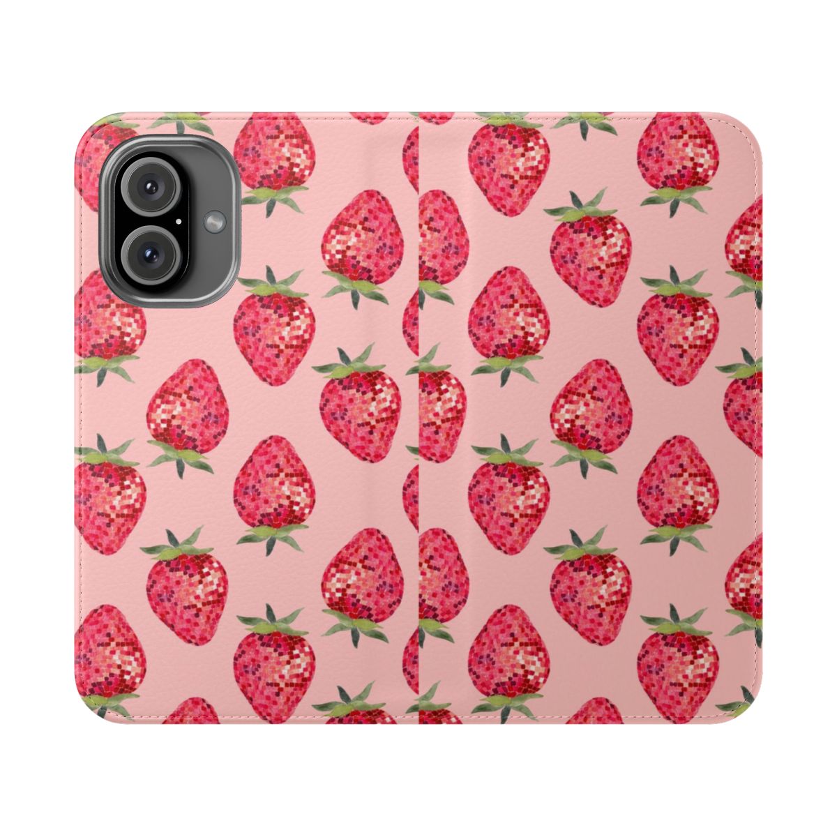 A vibrant pink phone case with a disco ball and strawberry design, perfect for a retro or summer aesthetic.