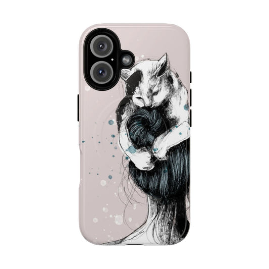 Magnetic tough phone case with a playful cat on the head design