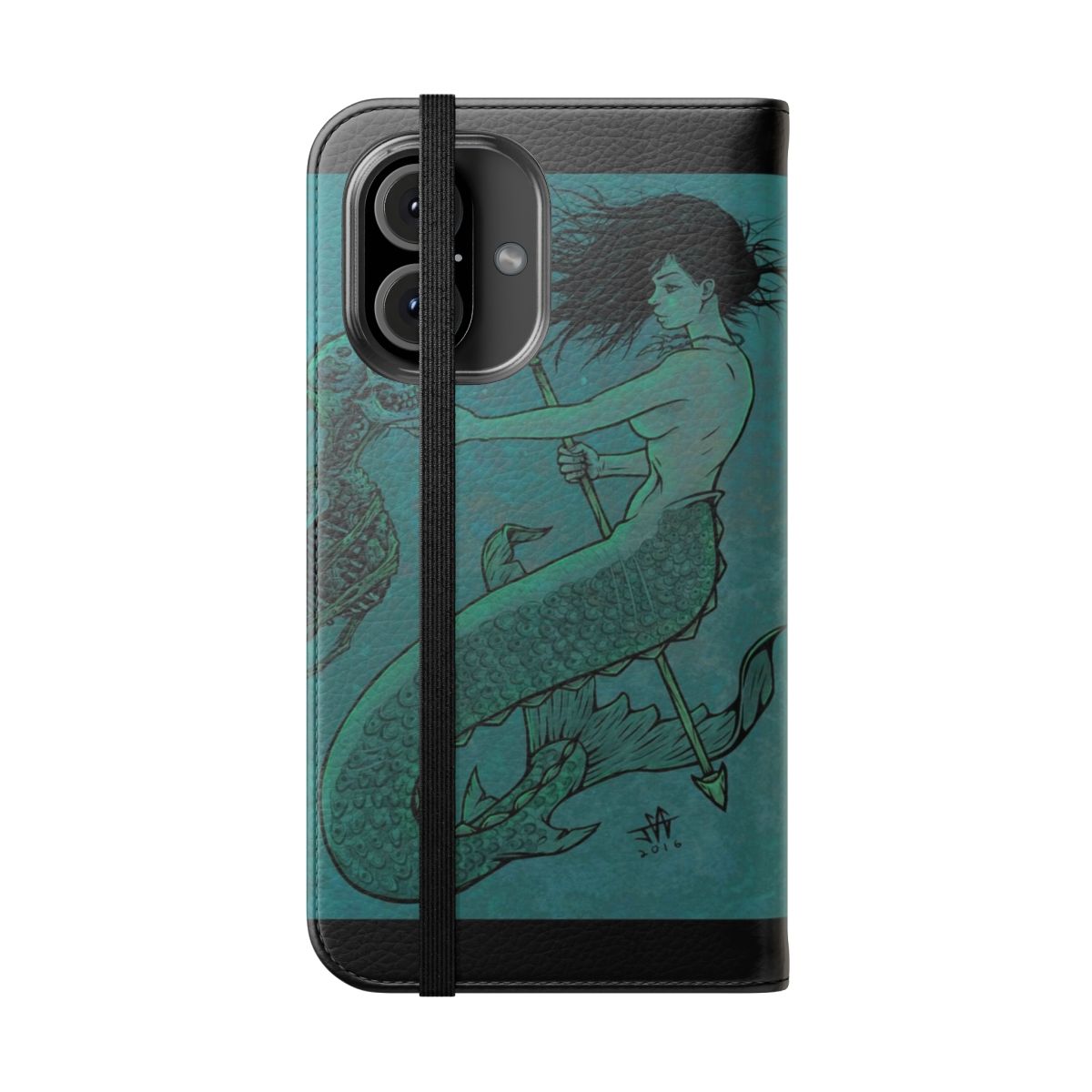 Mystical flip cover phone case featuring a mermaid, skull, and underwater fantasy design - Folded Front