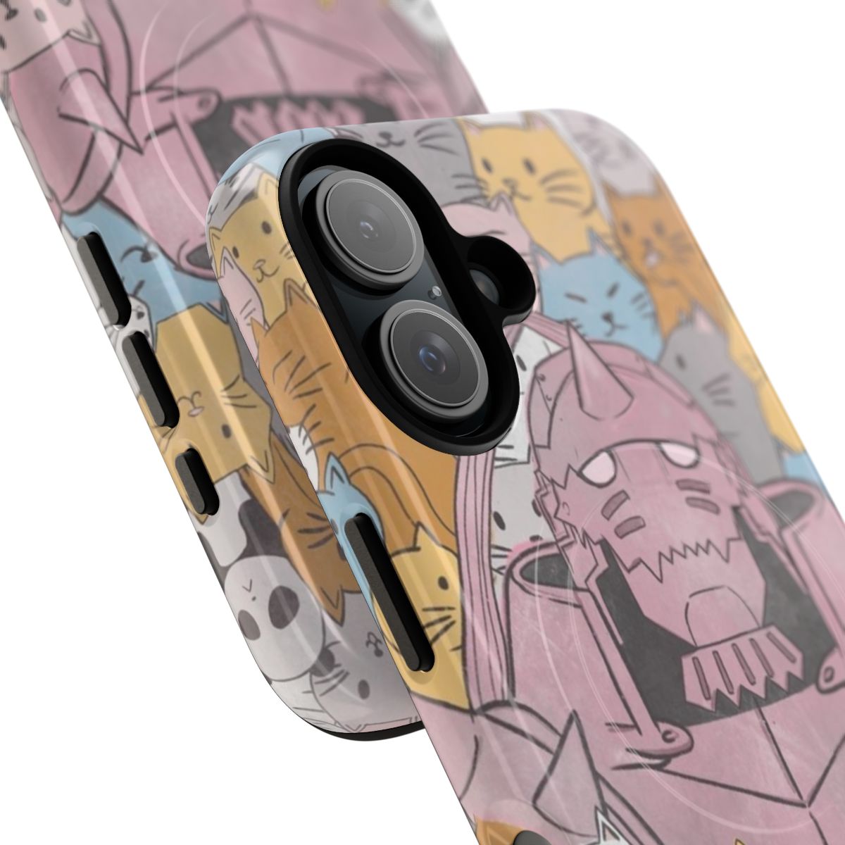 Pastel-colored phone case featuring Alphonse Elric and his cats from the Fullmetal Alchemist anime series. - Detail