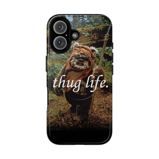 A tough, magnetic phone case featuring a stylized Ewok character in a "thug life" design.