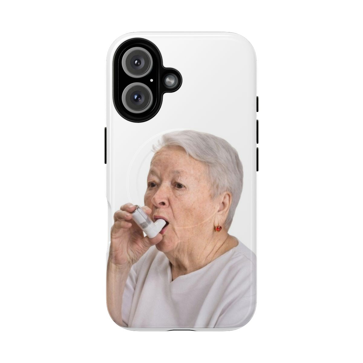 Funny phone case design featuring an old woman using an inhaler