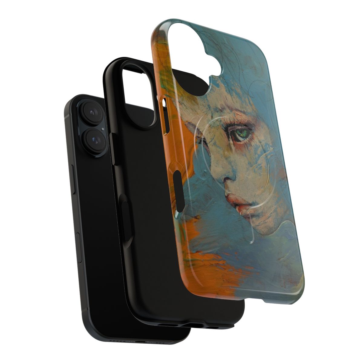 A contemporary art-inspired magnetic tough phone case with a melancholic child portrait in blue and orange tones. - Layers