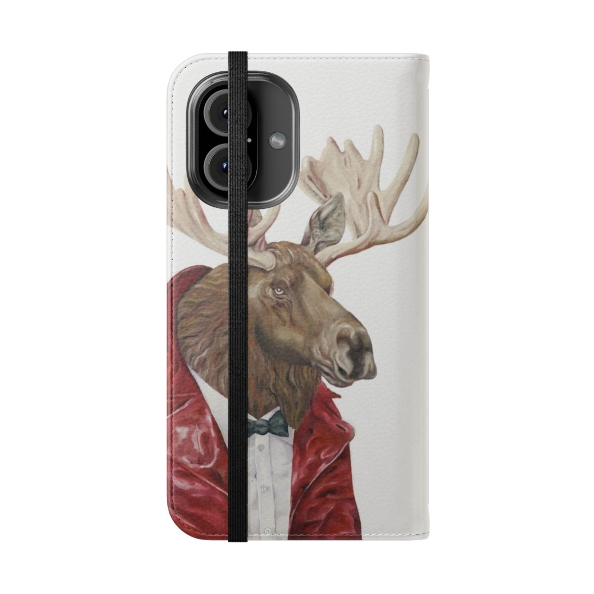 A leather flip phone case featuring a whimsical moose painting in a Scandinavian-inspired woodland scene. - Folded Front