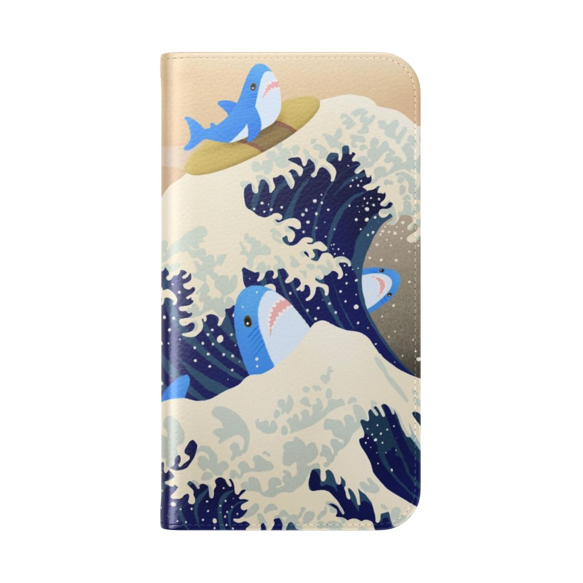 Kawaii shark-themed flip cover phone case with an artistic wave design inspired by the iconic "The Great Wave off Kanagawa" artwork. - Folded Back